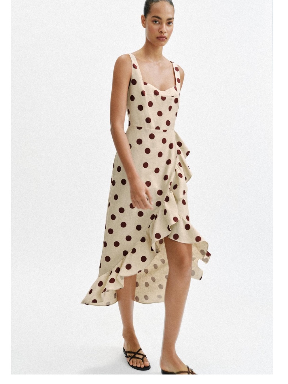 ZaraPolka Dot Ruffle Midi Dress in Cream and Burgundy